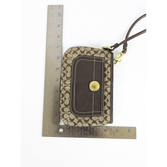 Coach Brown and Tan Leather Canvas Signature C Logo Jacquard Wristlet - Picture 9 of 9